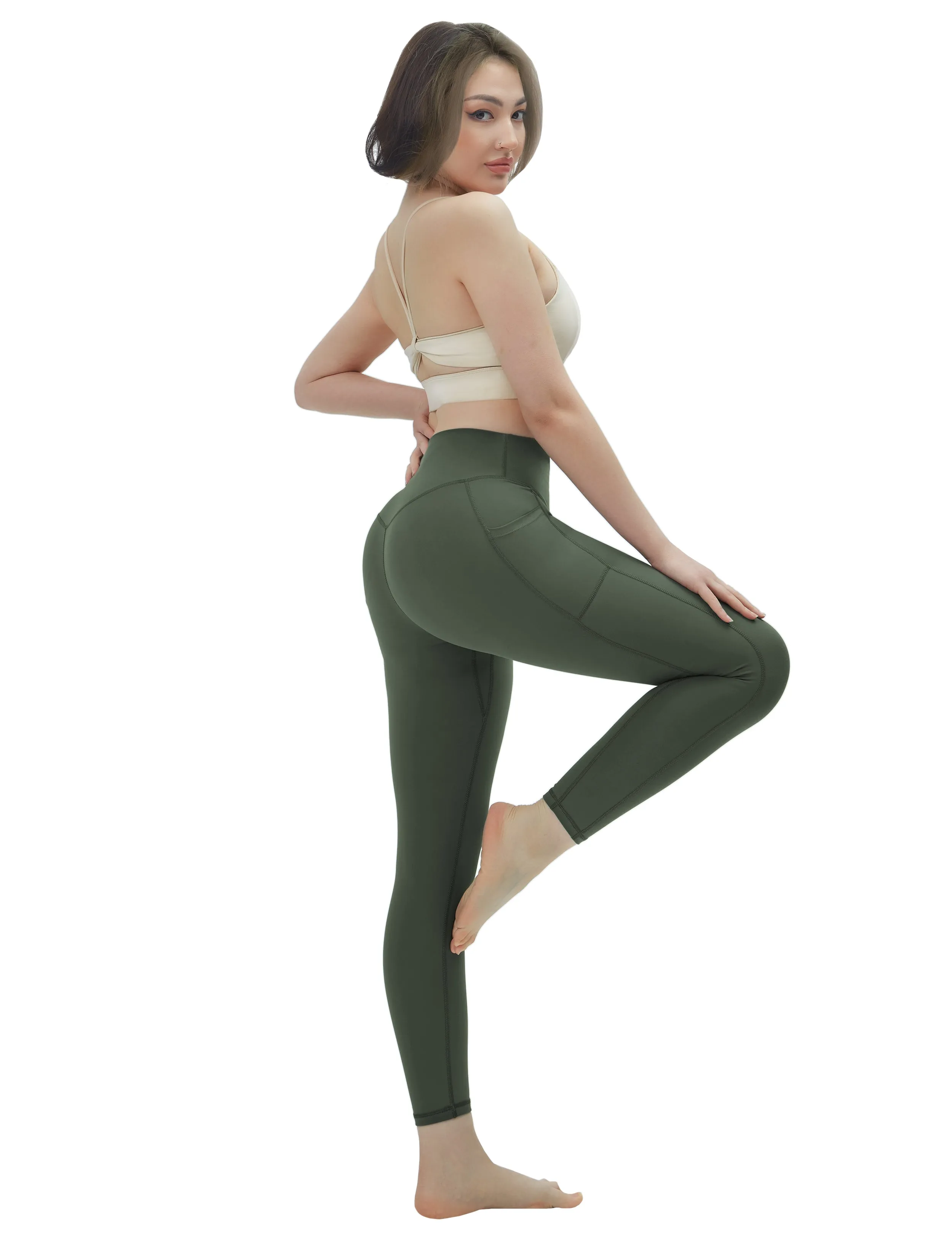High Waisted Golf Pants 7/8 Length Leggings with Pockets olivegreen_Golf