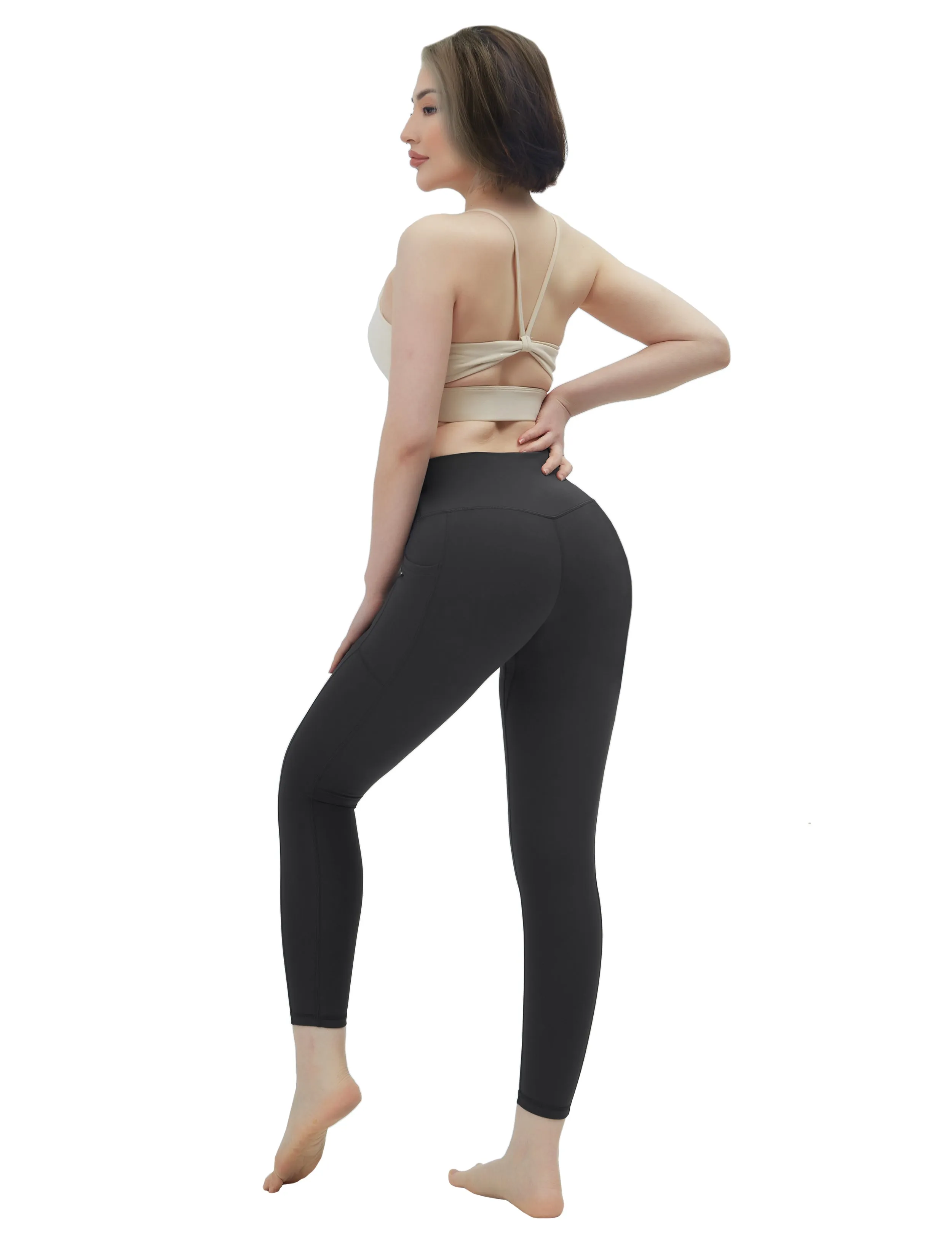 High Waisted Gym Pants 7/8 Length Leggings with Pockets charcoalgrey_Gym