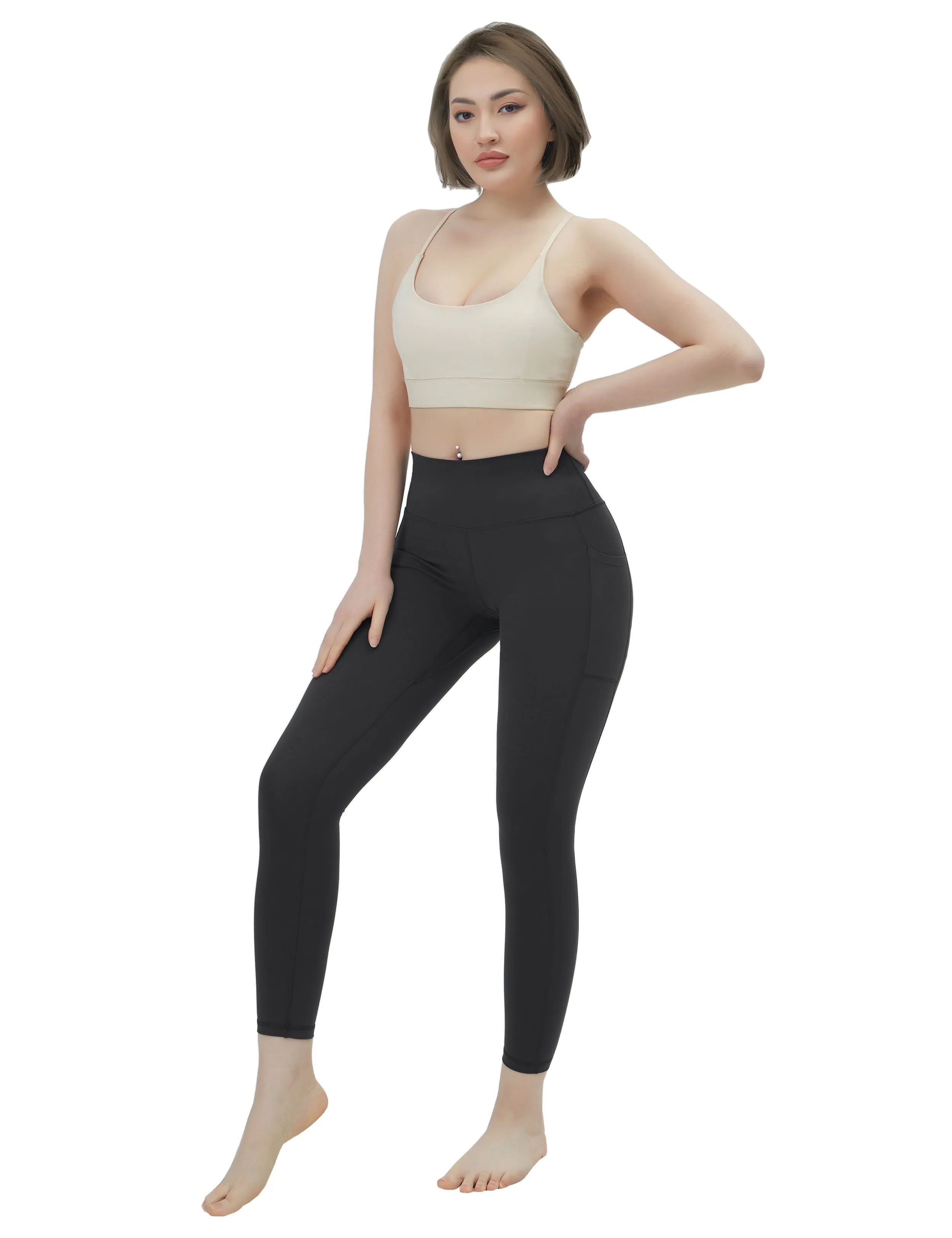 High Waisted Gym Pants 7/8 Length Leggings with Pockets charcoalgrey_Gym