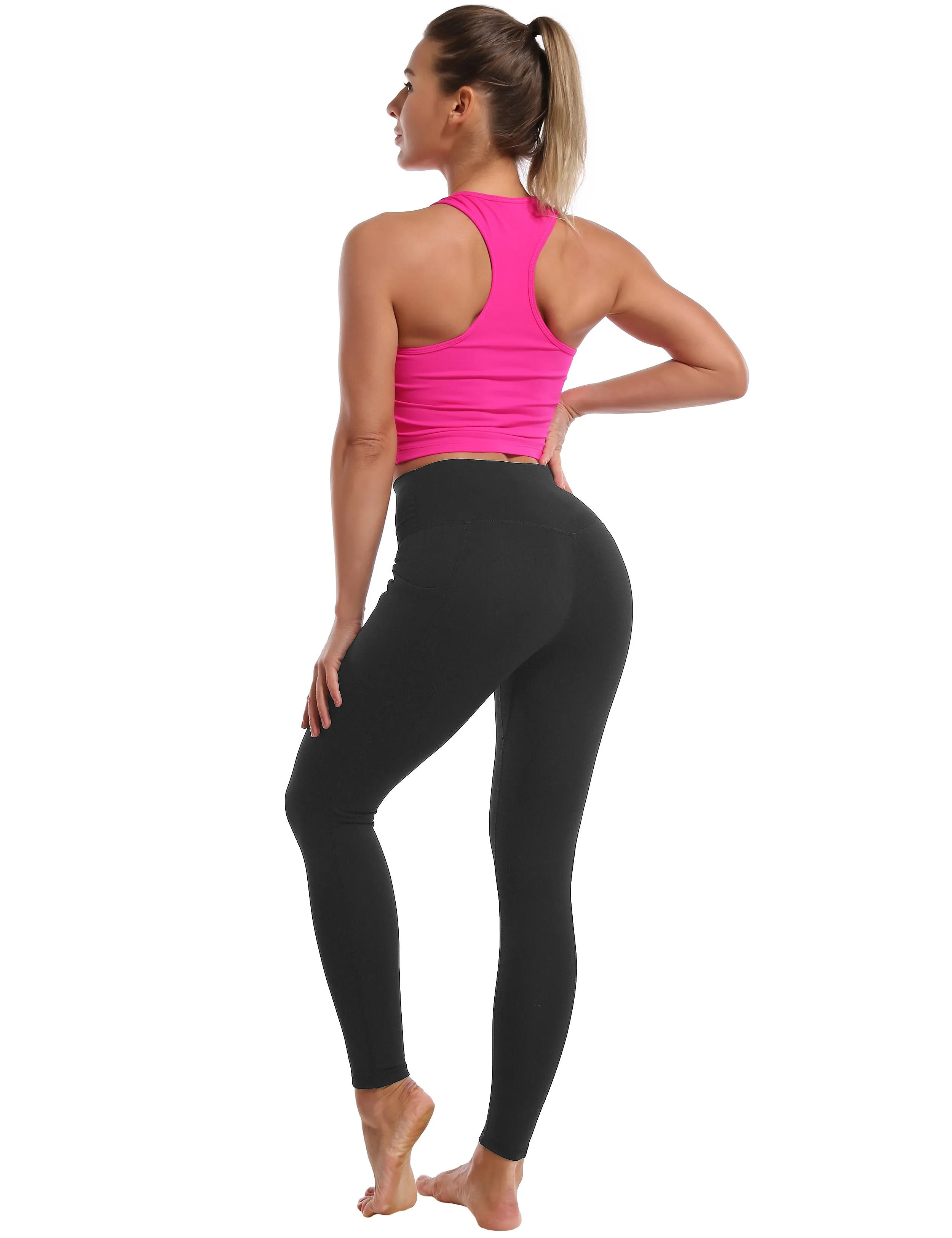 High Waisted Gym Pants 7/8 Length Leggings with Pockets charcoalgrey_Gym