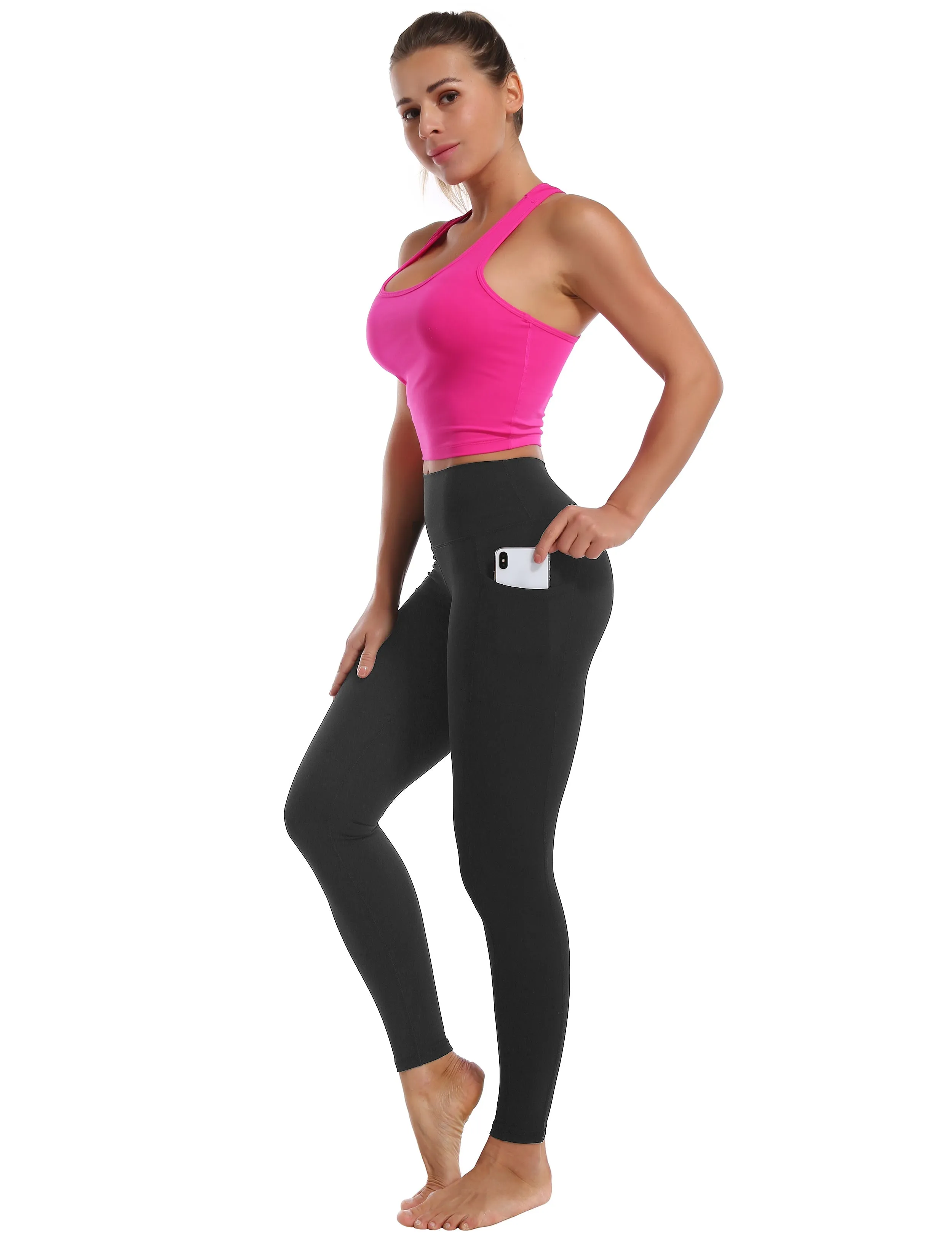 High Waisted Gym Pants 7/8 Length Leggings with Pockets charcoalgrey_Gym