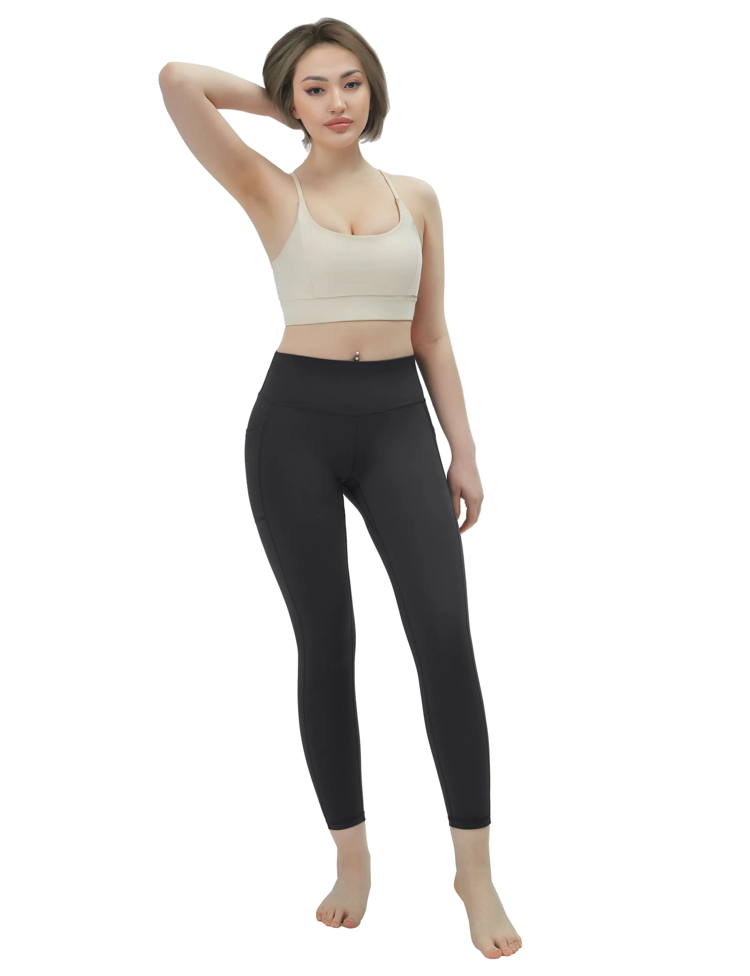 High Waisted Gym Pants 7/8 Length Leggings with Pockets charcoalgrey_Gym