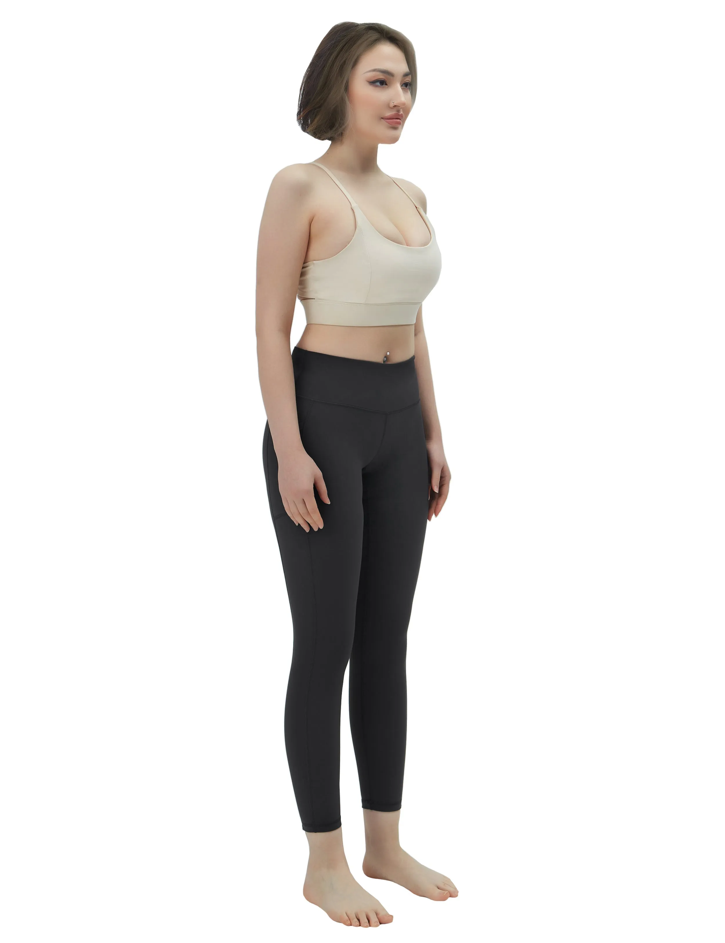High Waisted Gym Pants 7/8 Length Leggings with Pockets charcoalgrey_Gym