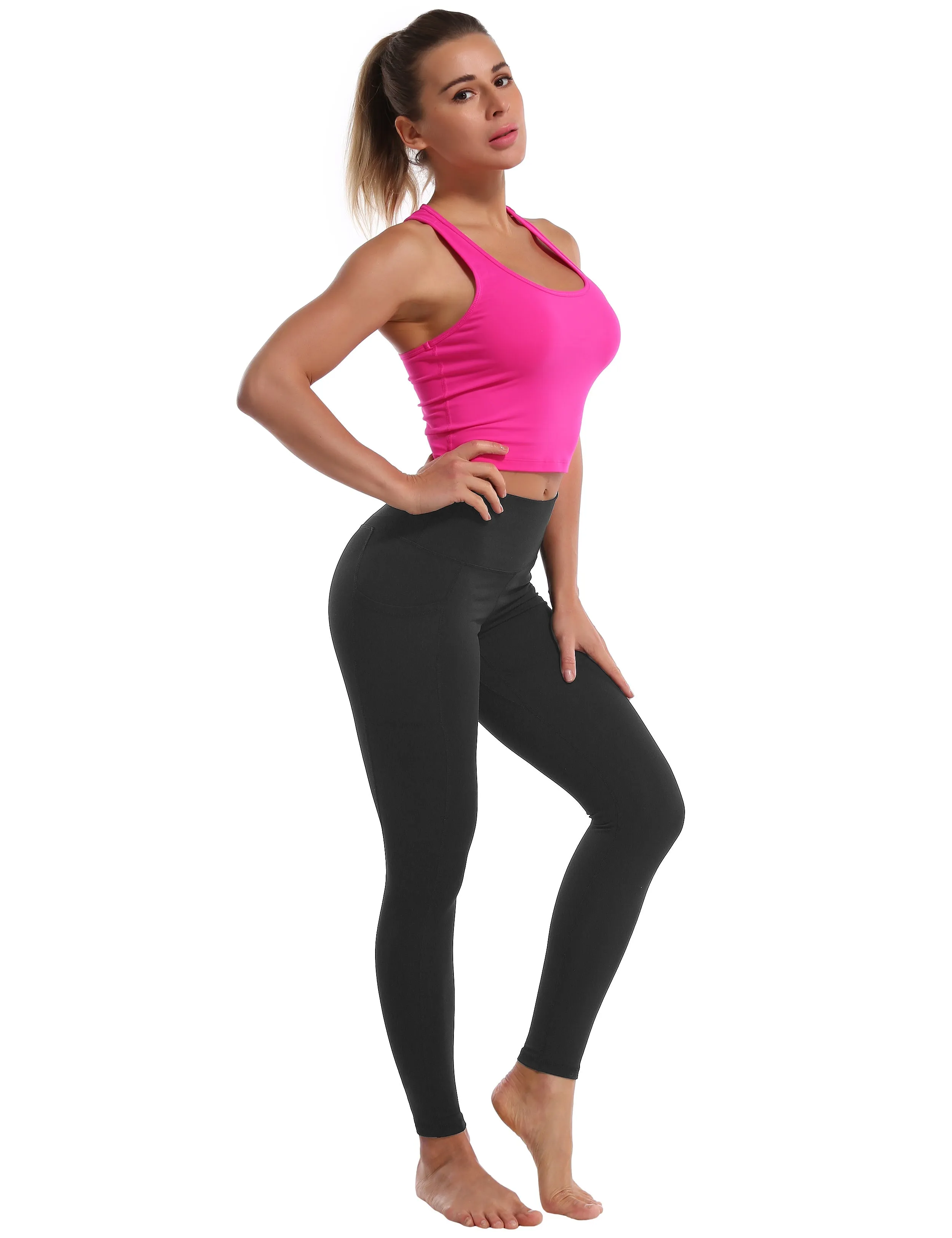 High Waisted Gym Pants 7/8 Length Leggings with Pockets charcoalgrey_Gym