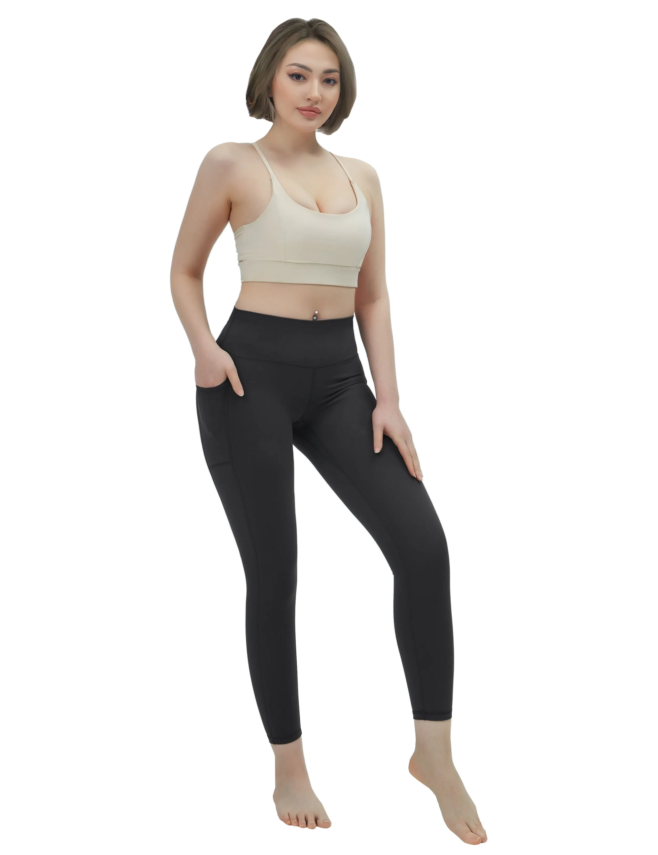 High Waisted Gym Pants 7/8 Length Leggings with Pockets charcoalgrey_Gym