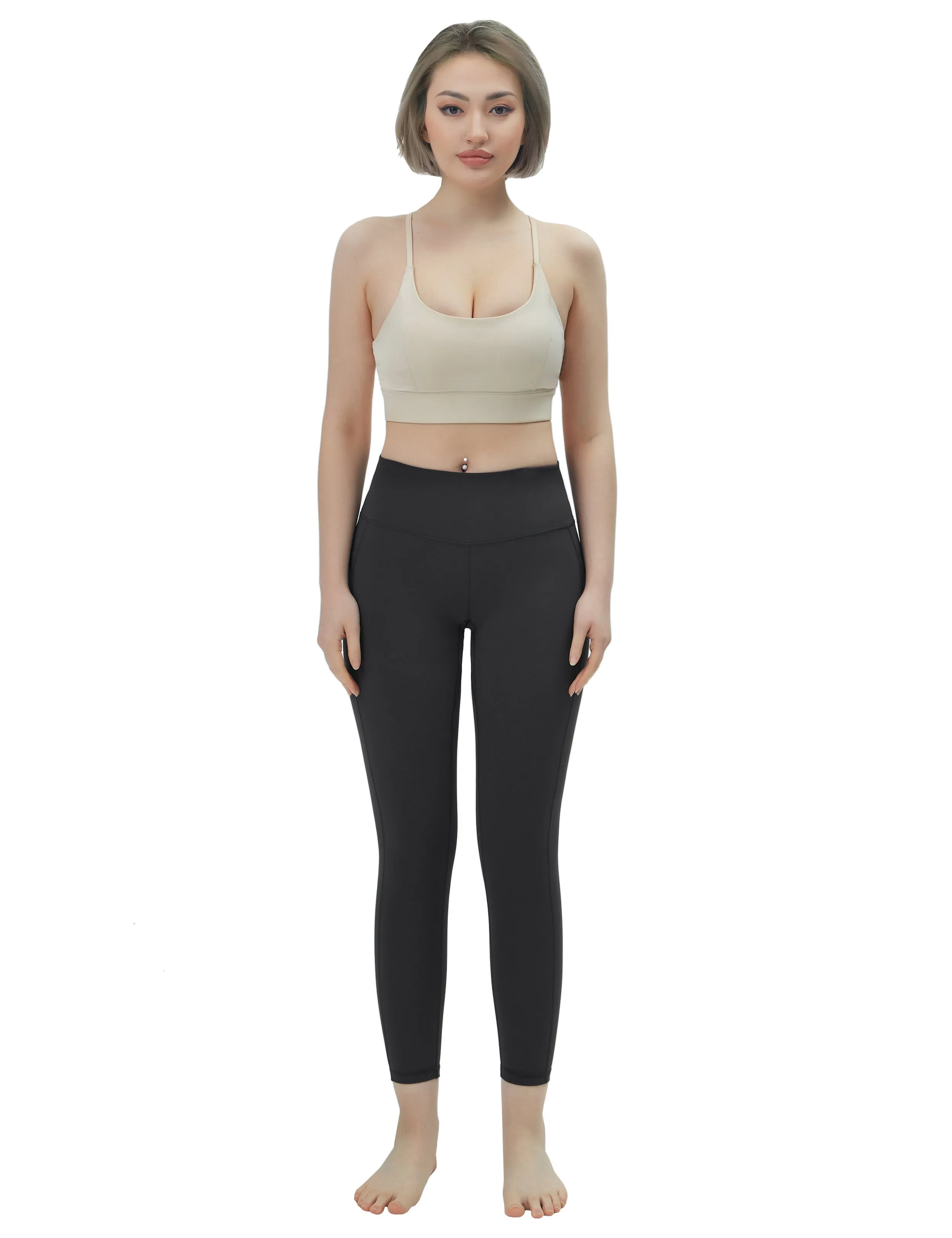 High Waisted Gym Pants 7/8 Length Leggings with Pockets charcoalgrey_Gym