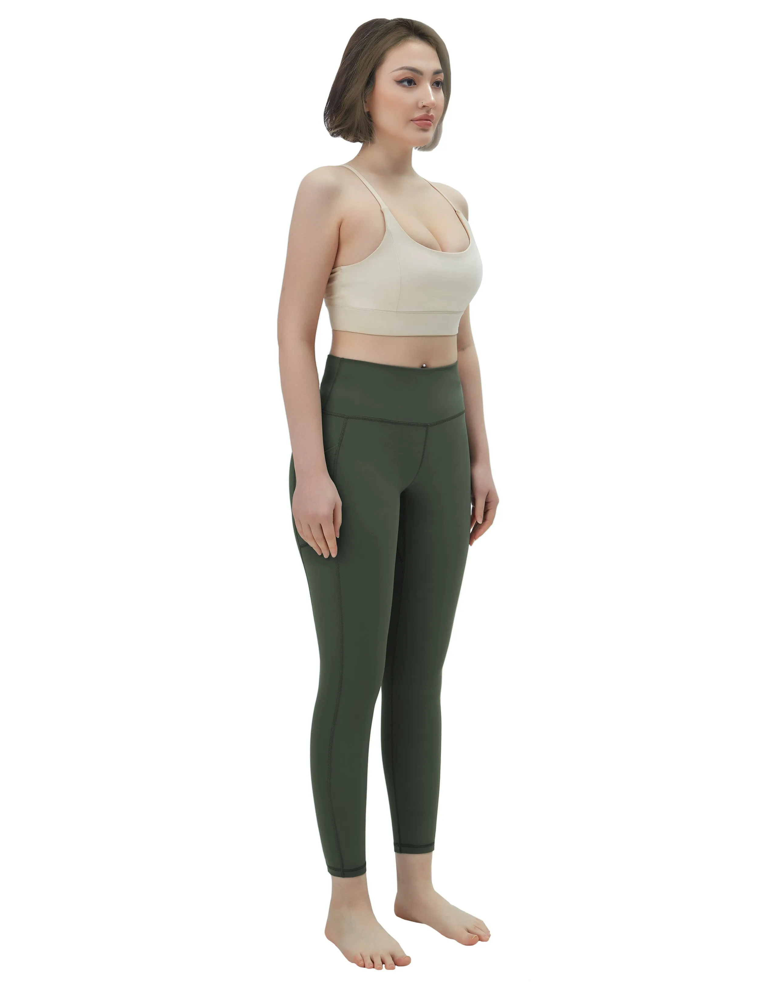 High Waisted Gym Pants 7/8 Length Leggings with Pockets olivegreen_Gym