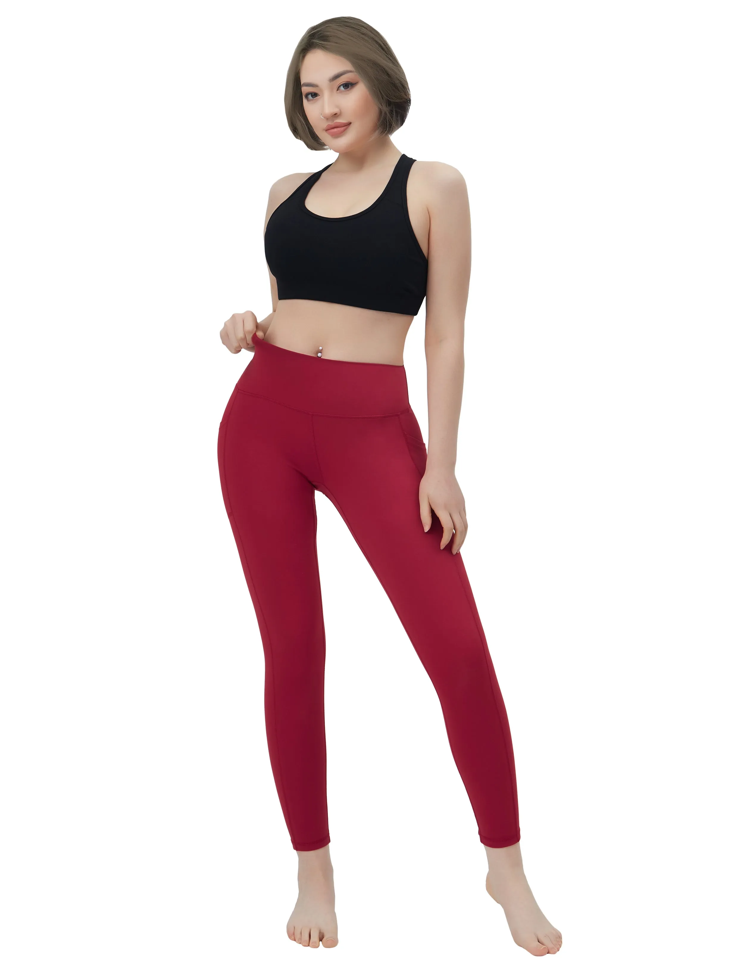 High Waisted Gym Pants 7/8 Length Leggings with Pockets red_Gym