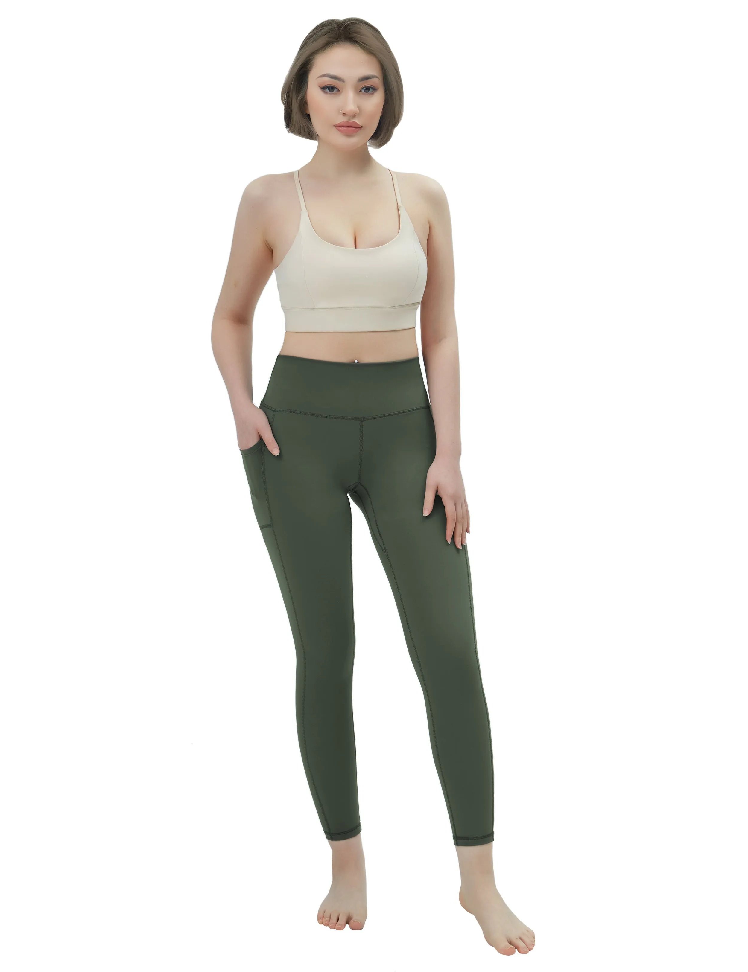 High Waisted Pilates Pants 7/8 Length Leggings with Pockets olivegreen_Pilates