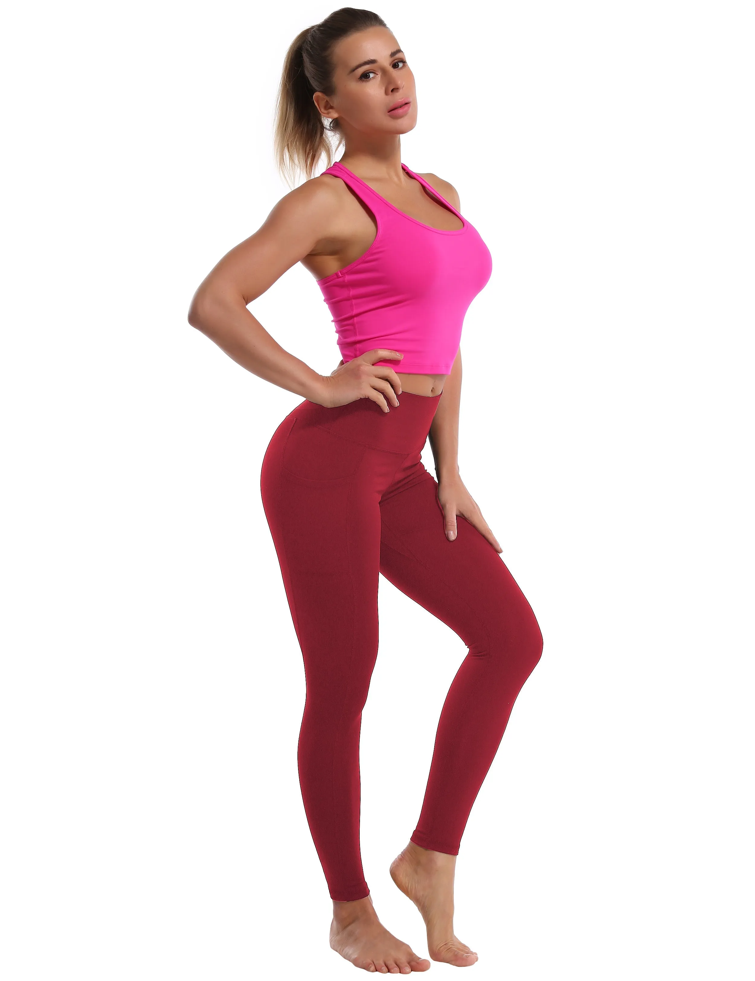 High Waisted Pilates Pants 7/8 Length Leggings with Pockets red_Pilates