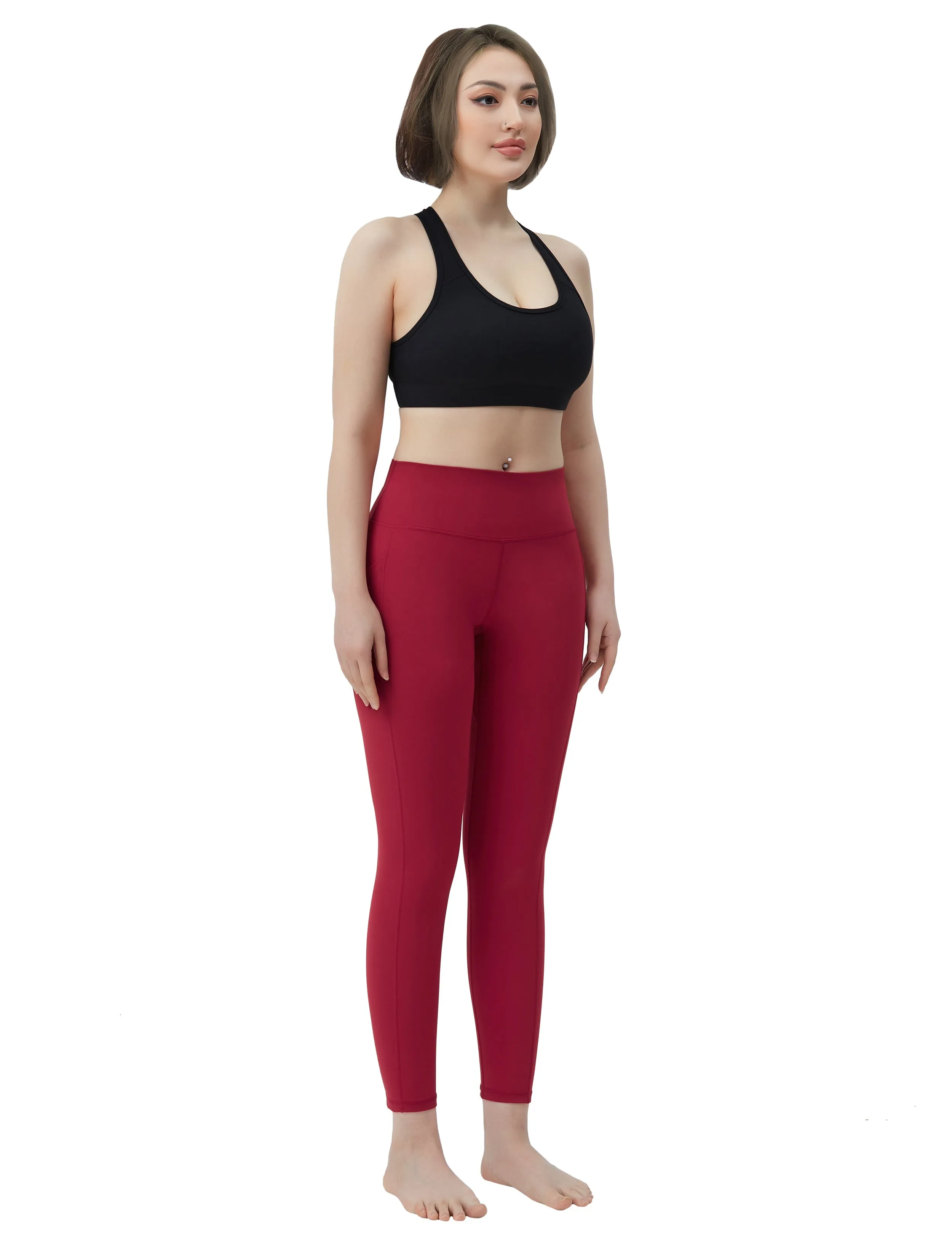 High Waisted Pilates Pants 7/8 Length Leggings with Pockets red_Pilates