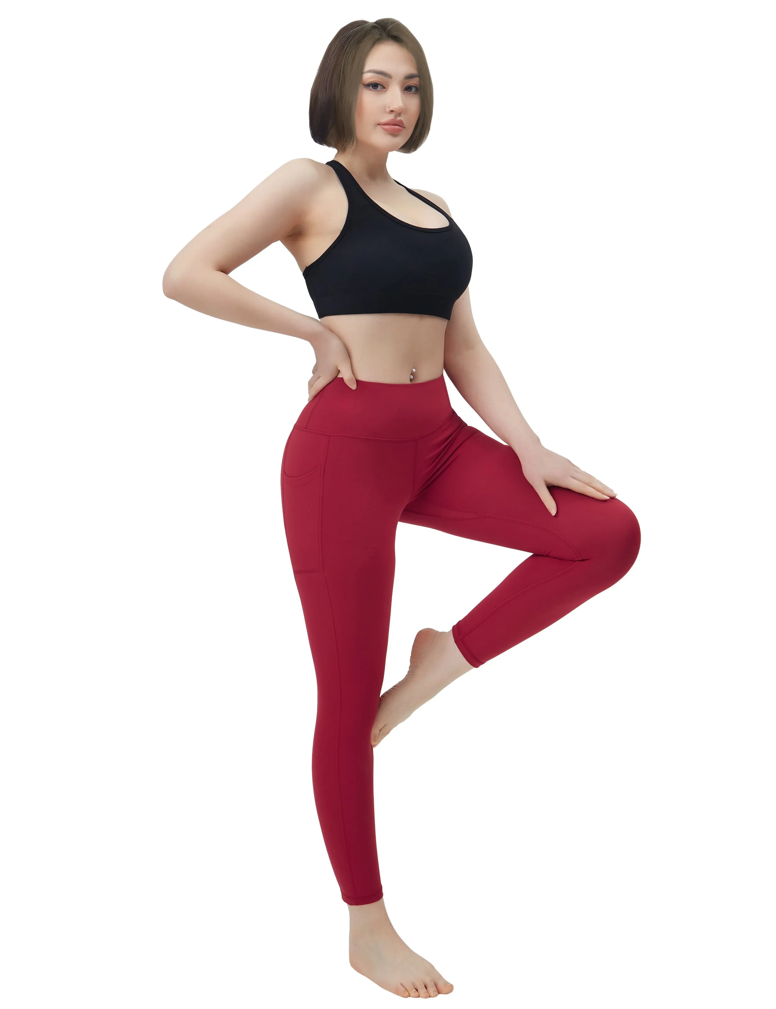High Waisted Pilates Pants 7/8 Length Leggings with Pockets red_Pilates