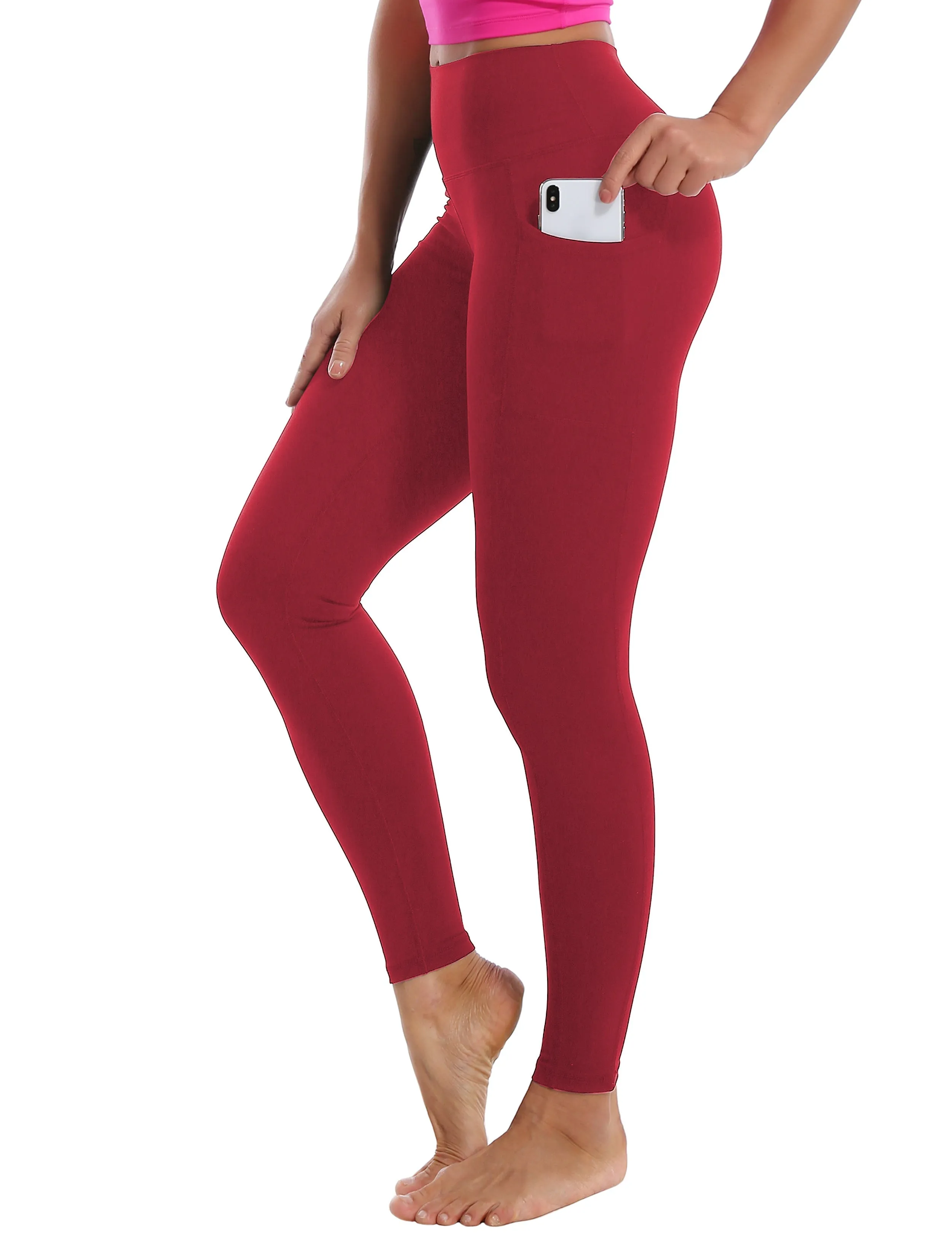 High Waisted Pilates Pants 7/8 Length Leggings with Pockets red_Pilates
