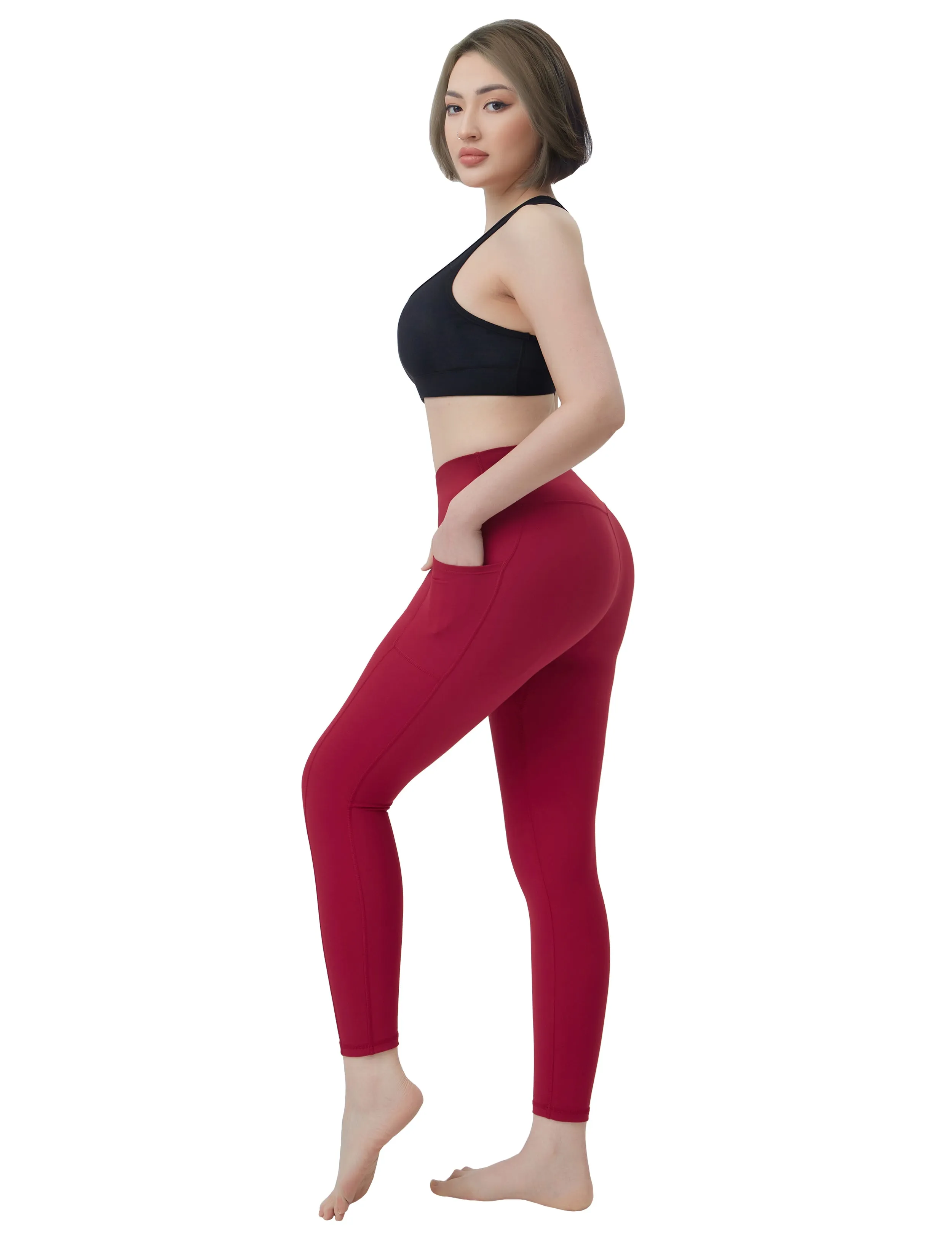 High Waisted Pilates Pants 7/8 Length Leggings with Pockets red_Pilates