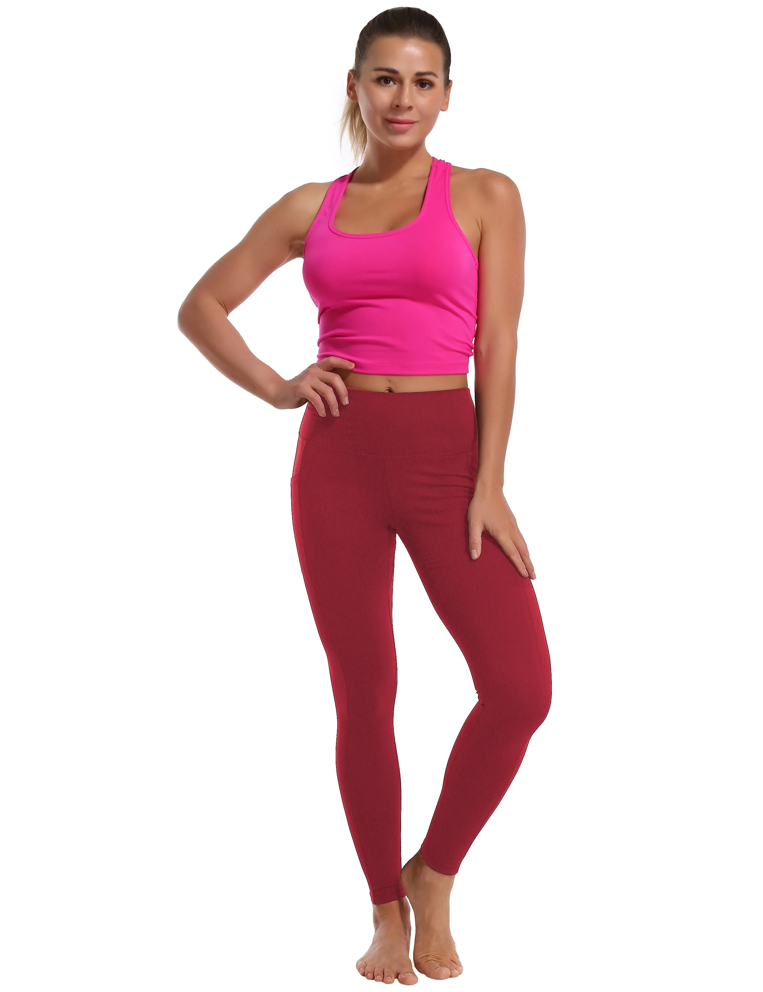 High Waisted Pilates Pants 7/8 Length Leggings with Pockets red_Pilates