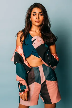 Shalini Pandey in One-shouldered Merino Suiting Teal Top and Short Printed Crepe Jacket and Shorts